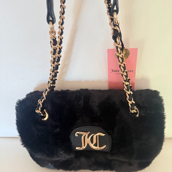 NWT JUICY COUTURE FASHION VIBE FLAP CROSSBODY BAG SHOULDER PURSE BLACK FAUX FUR - Picture 1 of 5